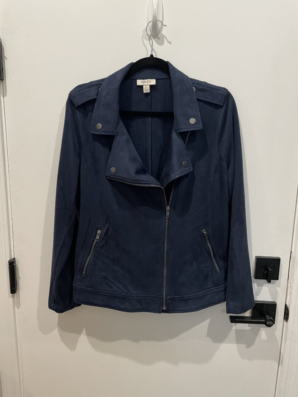 Style & Co Faux Suede Navy Blue Moto Jacket - Full Zip - Size Large Petite